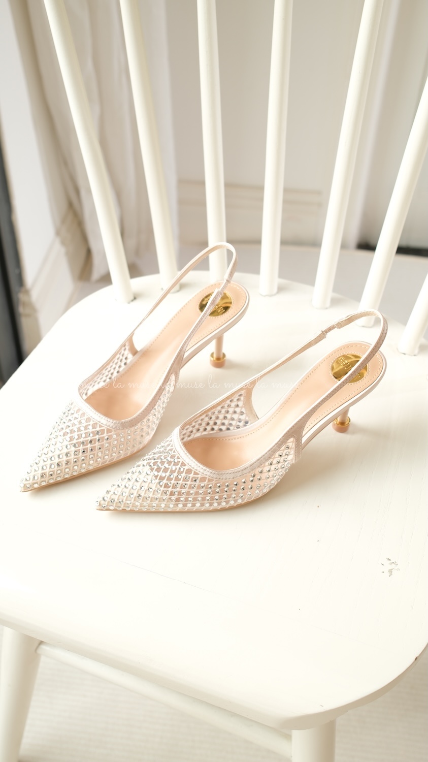 Giày cao gót slingback ren lưới đính đá nữ Lucie