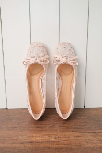 Giày búp bê ren lưới bệt Cafei